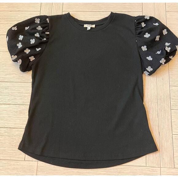 Umgee Striped Notched Top with Short Flutter Sleeves main image 1